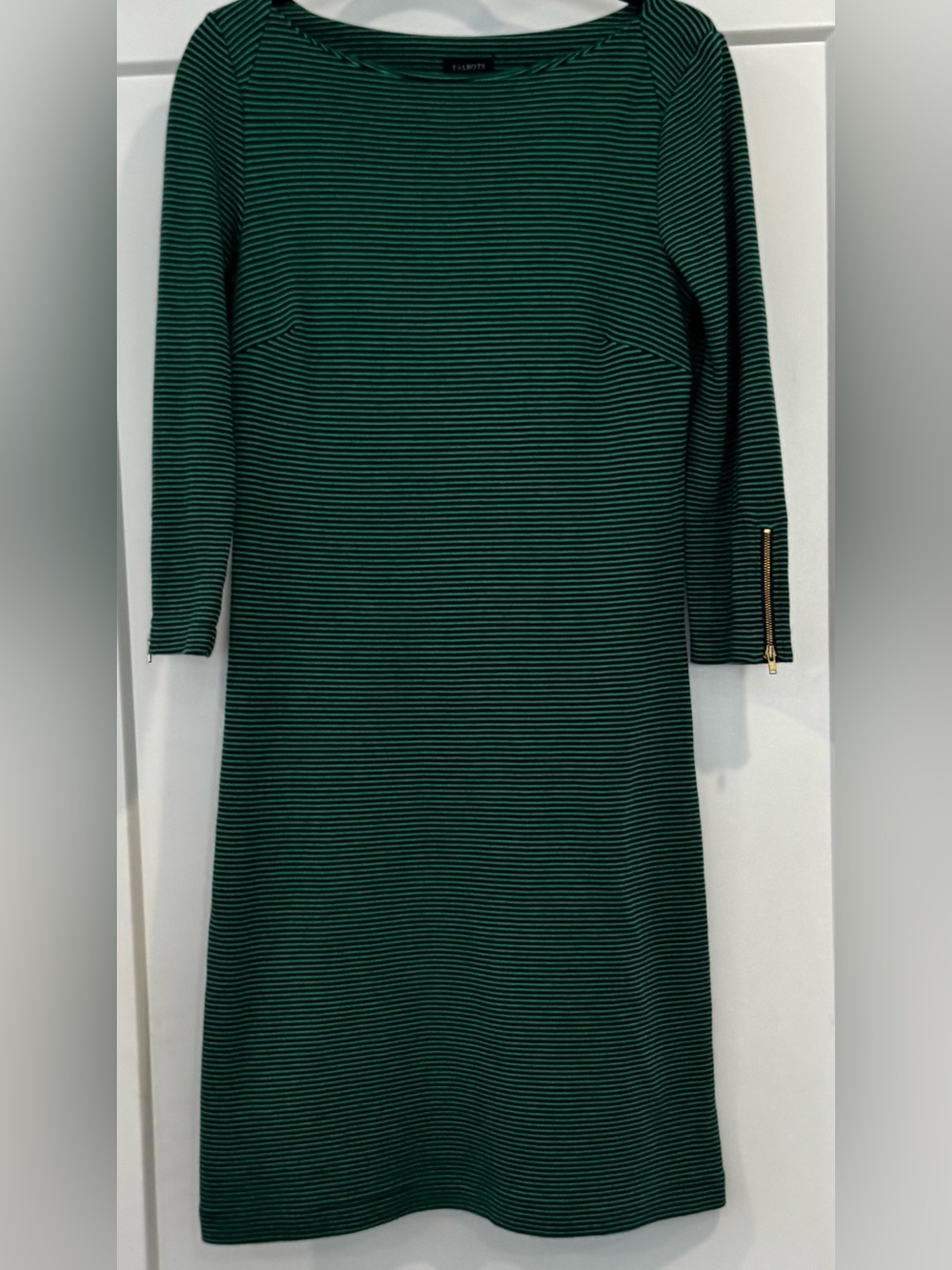 Talbots Green Navy Striped Cotton Knit Dress Small Gold Zipper Cuffs Size Small